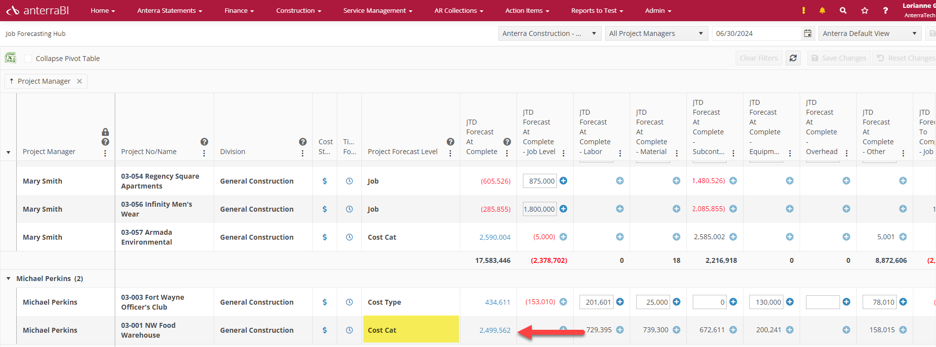 Cost Category and the Cost Code Group level