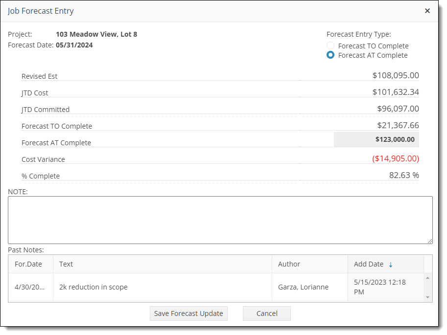 job forecast entry screen