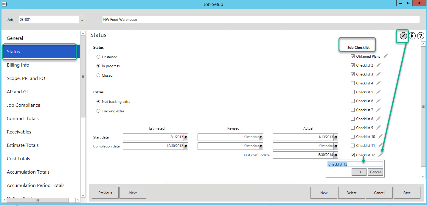 job setup screen