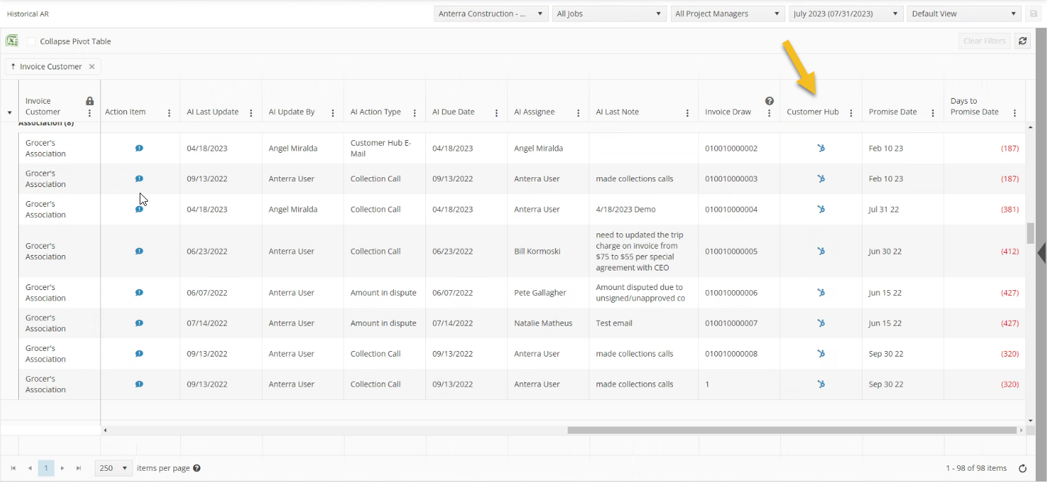Customer Hub shows all open invoices