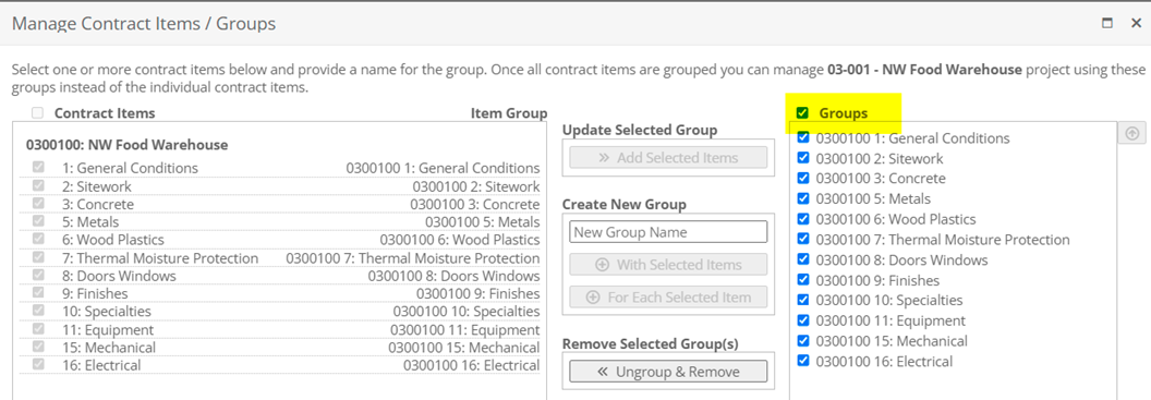 create Contract Item Groups for selected contract items