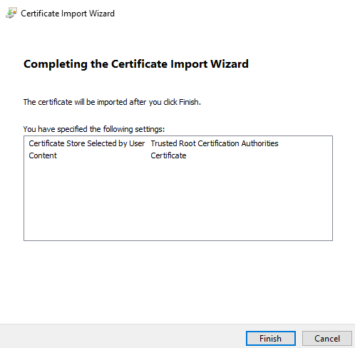 Certificate Import Wizard showing last page where 'Finish' button should be clicked