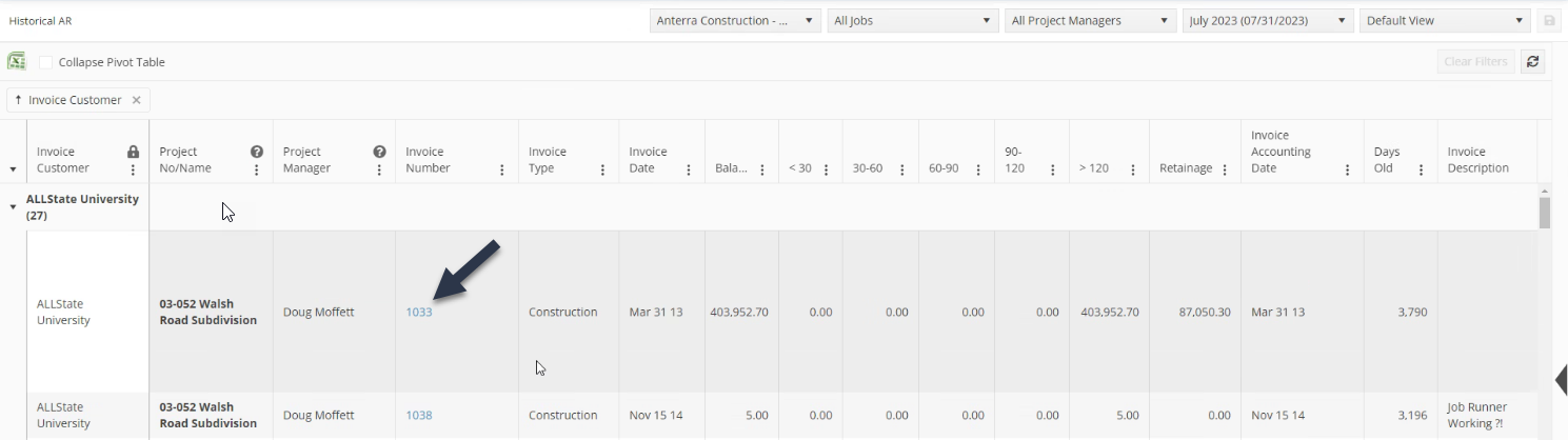 drill on the invoice number